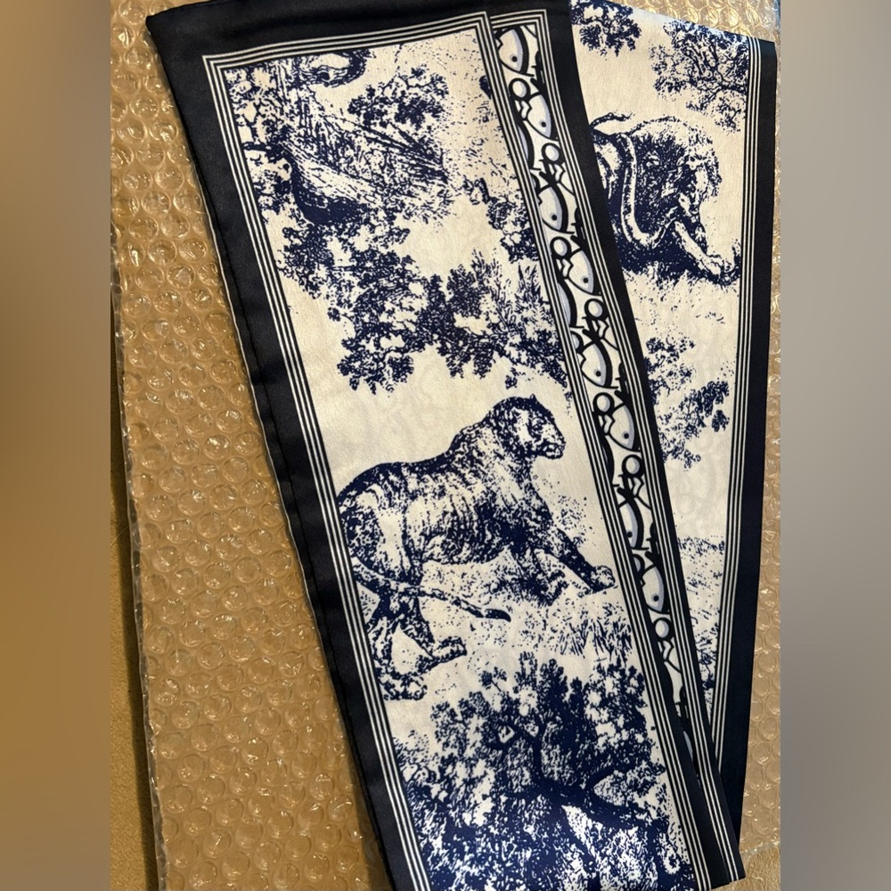 Blue and White Animal Print Scarf with Two Different Sides